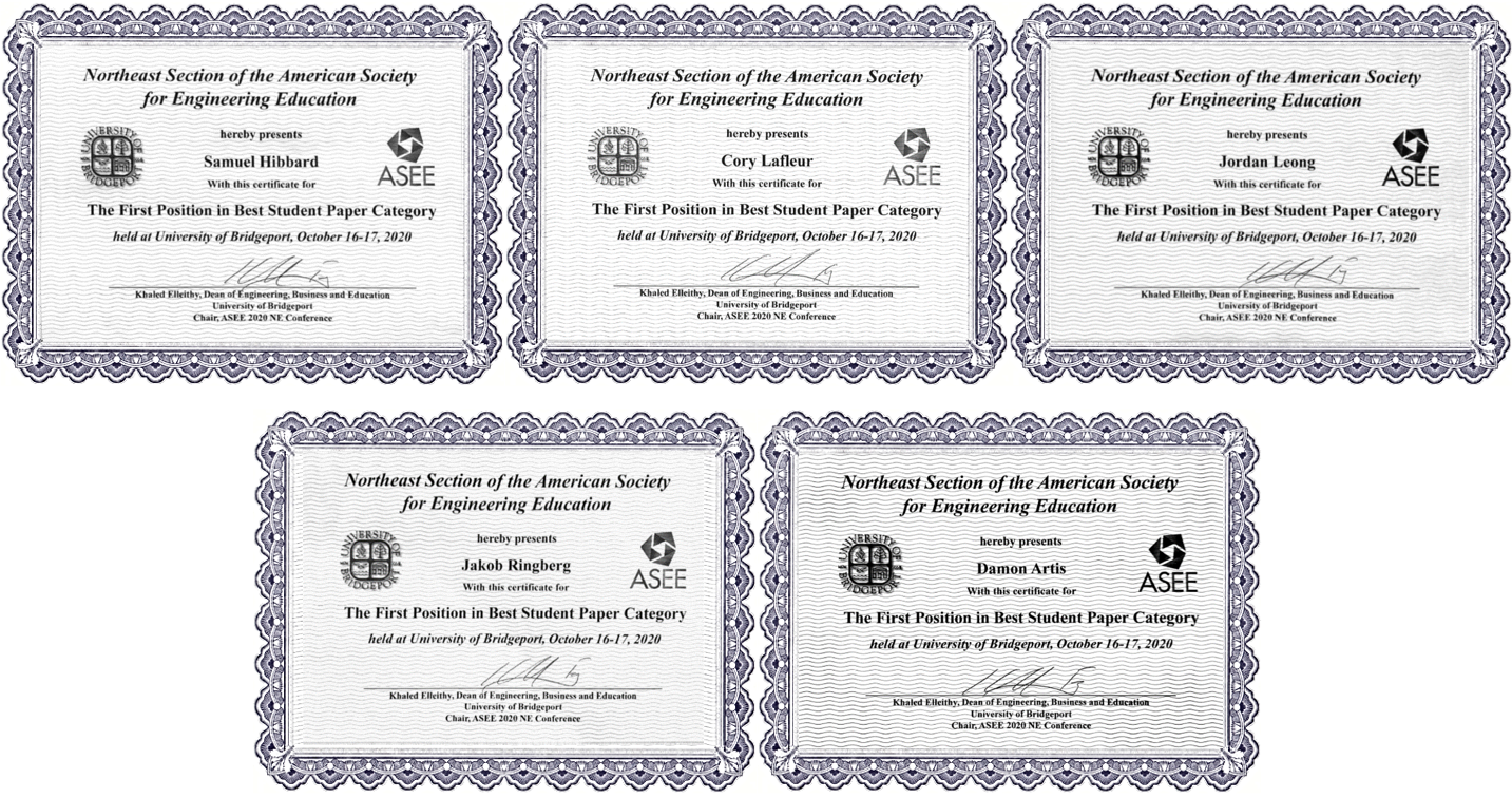 five student certificates from ASEE