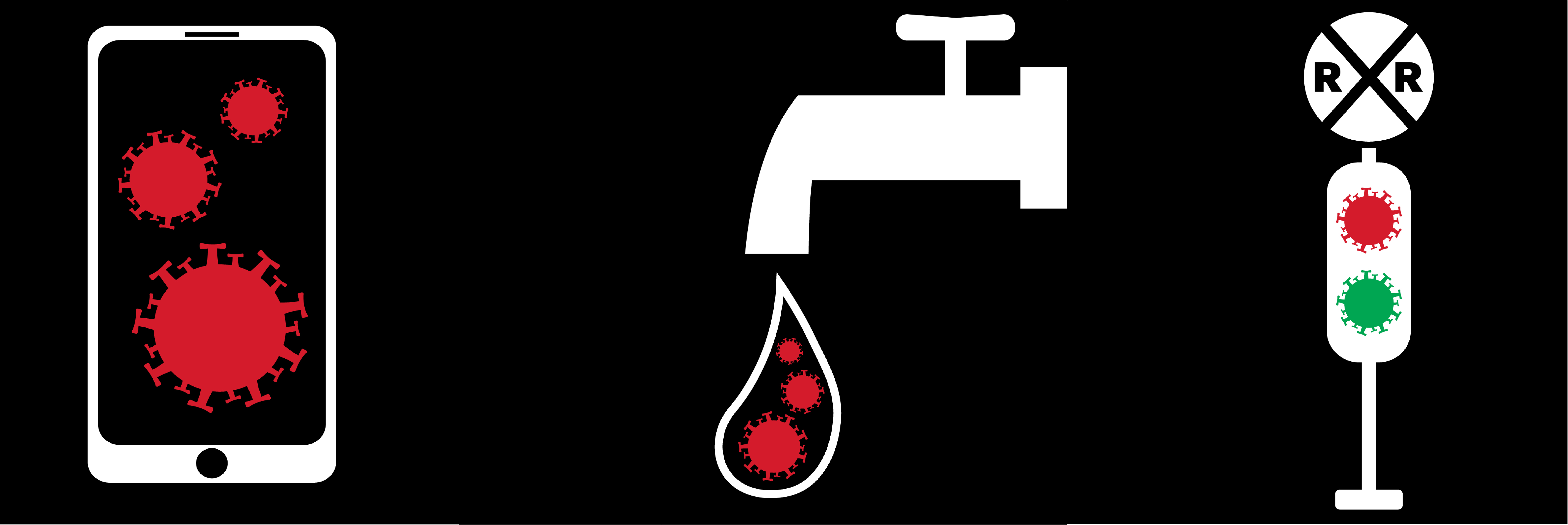 illustration of mobile phone with covid on screen, faucet with covid in water, and covid in transportation as illustrated by railroad crossing sign