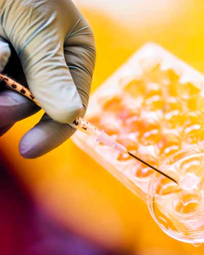 hand putting liquid in lab dish with tool