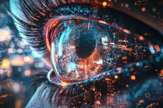 Futuristic contact lens with integrated health monitoring and AI-driven biometric feedback in a cybernetic world