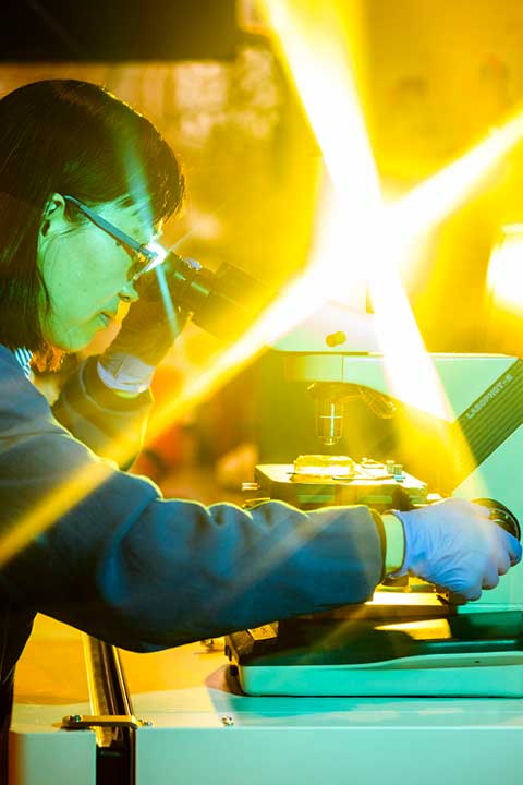 A scientist in a lab coat and blue gloves looks through a microscope with bright yellow light flares illuminating the foreground.