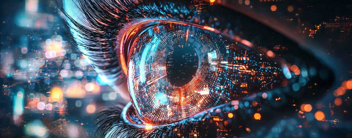 A digital close-up of a human eye reflecting a glowing, data-driven cityscape with intricate circuits and bokeh lights in shades of blue and amber.