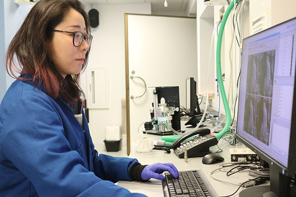 student working in lab on monitor