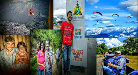 student in center of collage of photos of trip to equador such as hiking and business sign