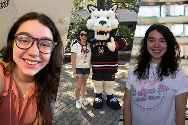 three different poses of student on campus including one with PAWs Northeastern mascot