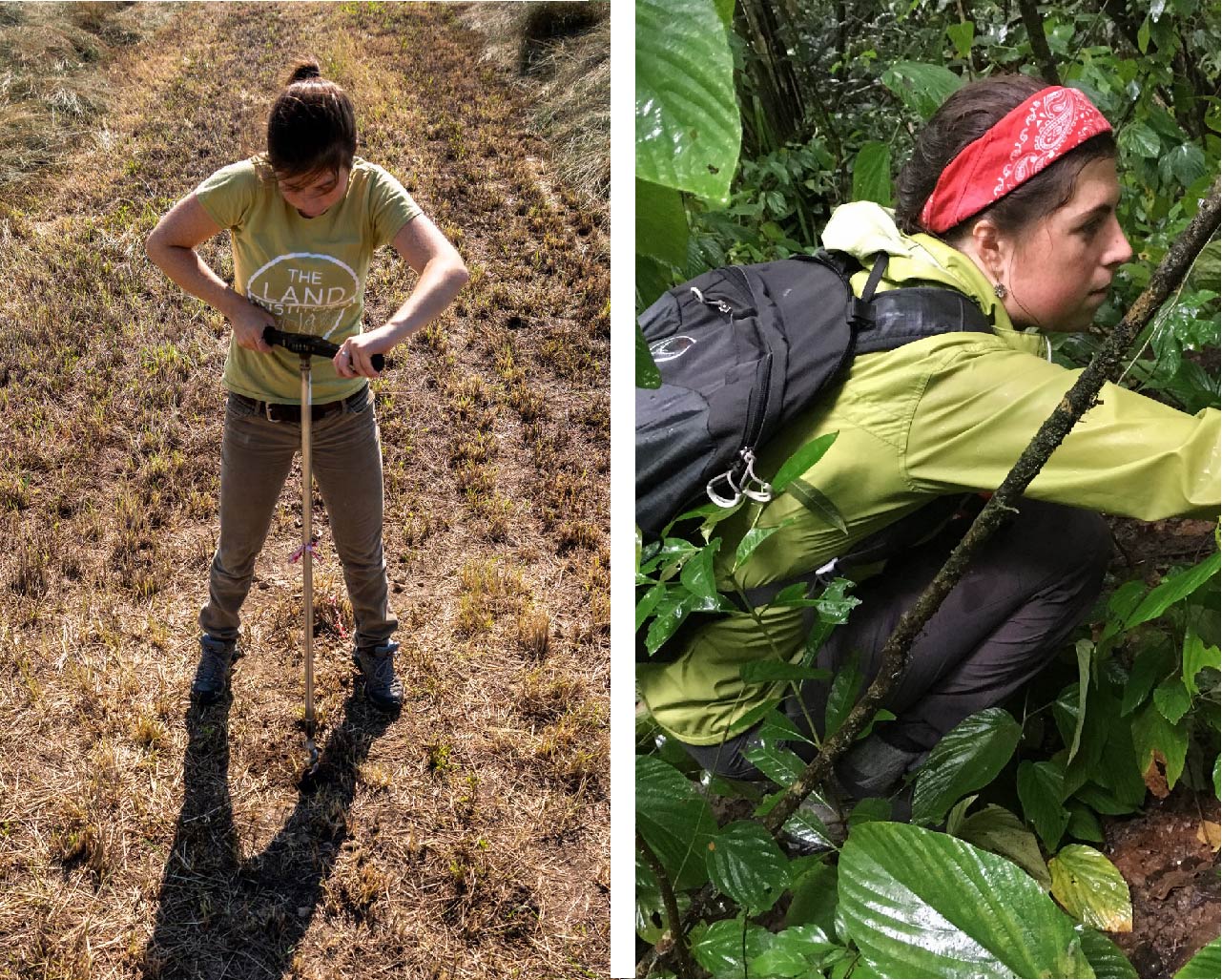 student testing soil in field and hiking in jungle