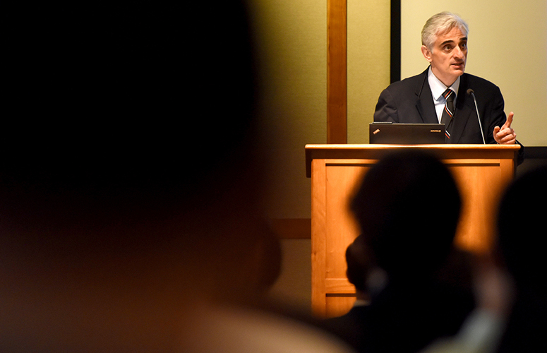 June 8, 2016 - BOSTON, MA. - Luca Caracoglia, Associate Professor in the Department of Civil and Environmental Engineering, gives open remarks during the 8th International Colloquium on Bluff Body Aerodynamics and Applications held in the Curry Student Center Ballroom at Northeastern University on June 8, 2016. Photo by Matthew Modoono/Northeastern University