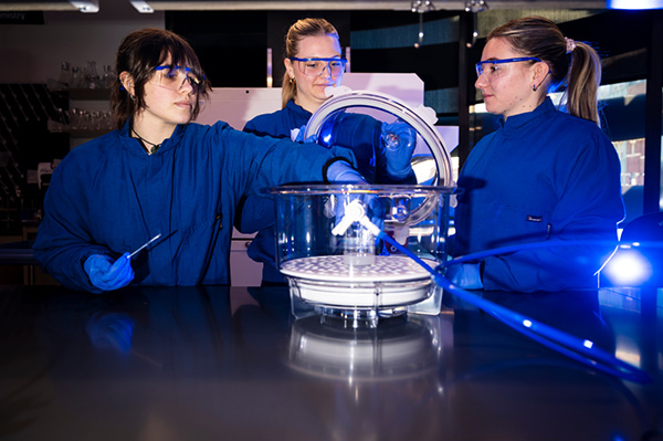 Northeastern bioengineering students Lauren Piasecki, Megan Burke and Mary Cipullo working in a lab wearing blue lab coats.
