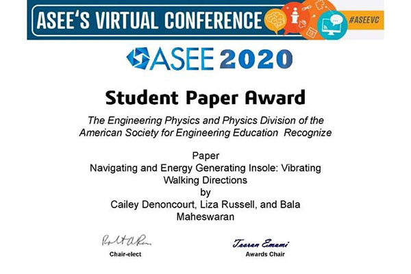 ASEE student paper award certificate