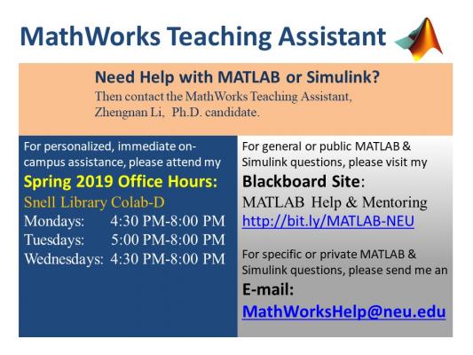 Mathworks TA office Hours for Spring 2019