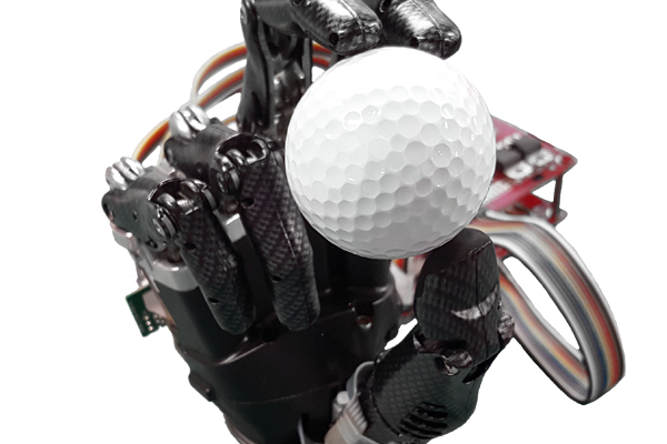 A prosthetic hand holding a golf ball.